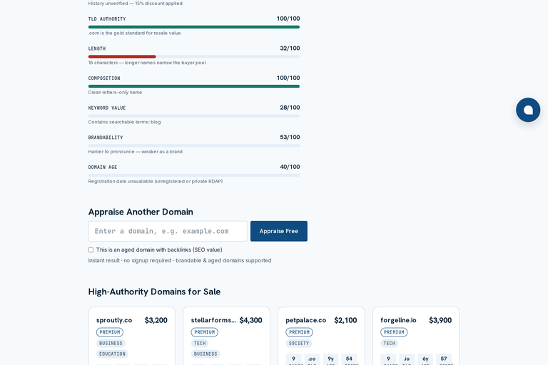 Value any domain in 30 seconds with our free appraisal tool