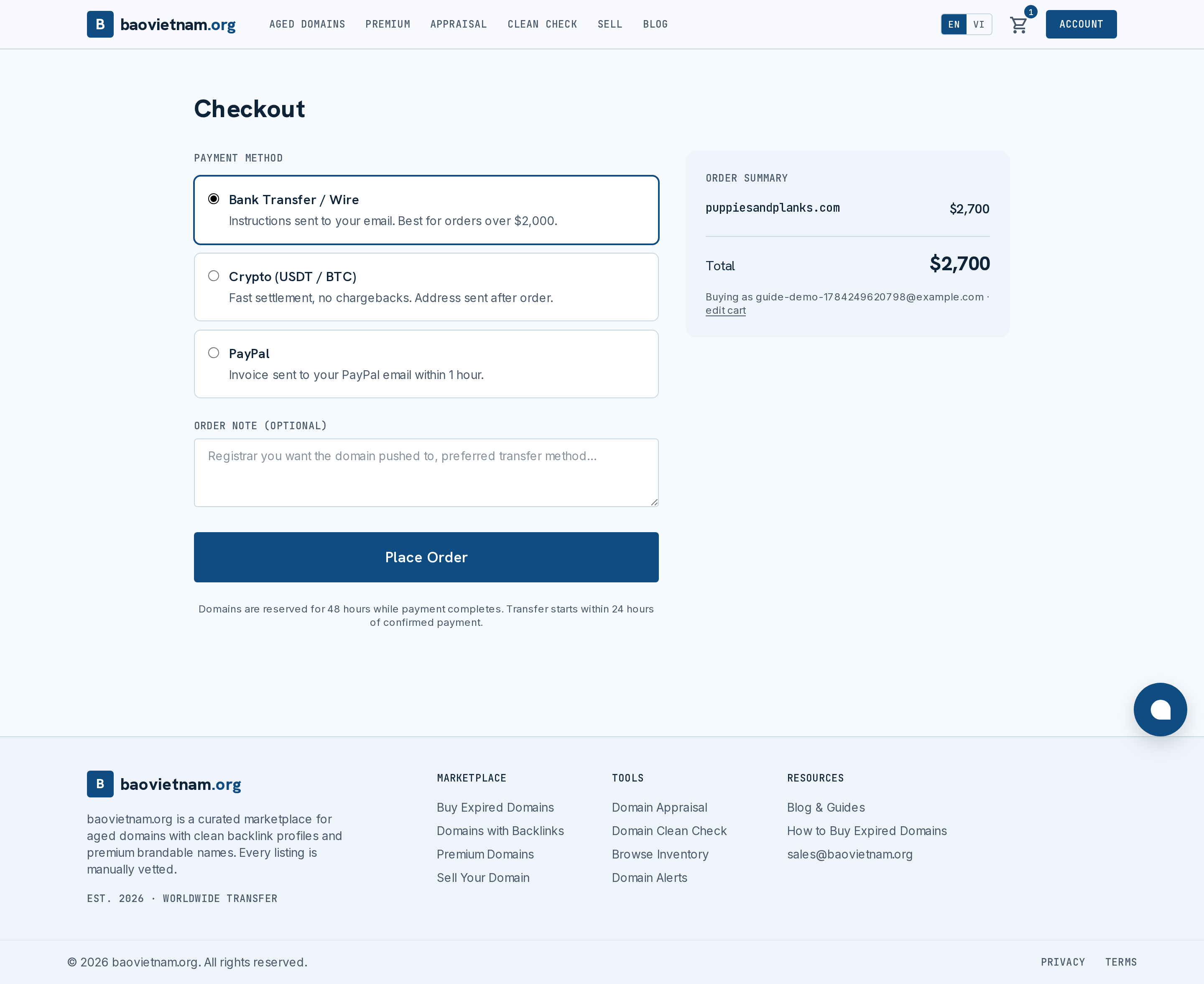 Checkout page with payment methods