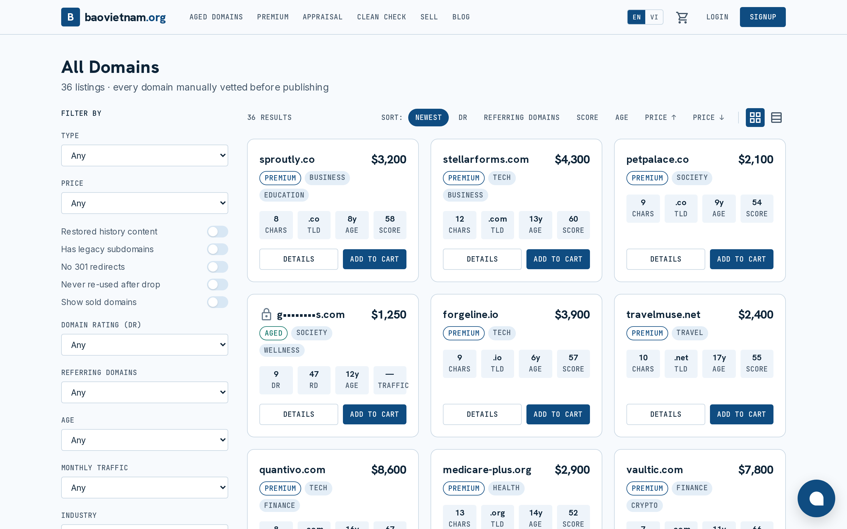 Domain inventory with filters on baovietnam.org