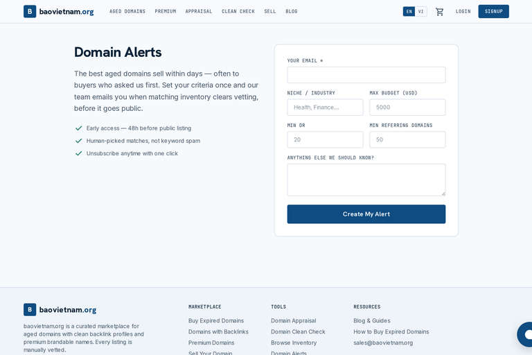 Never miss the right domain with alerts and wishlist